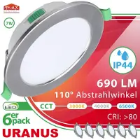 Maxkomfort GmbH 6 x LED Einbaustrahler URANUS 7W – Eisen gebürstet, CCT (warmweiß, neutralweiß, kaltweiß), Bad