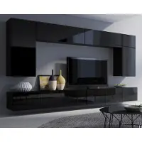 Ravio Wohnwand Amanda VII, Wohnzimmer-Set, Anbauwand, Schrankwand, Mediawand 300cm Breite (Schwarz / Schwarz Hochglanz)