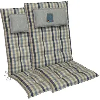 DiscountDeal24 LILENO HOME Gartenstuhl Auflagen als [2er Set - Hochlehner] in Karo Beige Blau - bequeme Liegen als Sitzauflagen für Gartenmöbel - Stuhlkissen für Gartenstühle und Klappstühle MAR