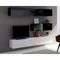 Ravio Wohnwand Amanda V, Wohnzimmer-Set, Moderne Anbauwand, Schrankwand, Mediawand (Schwarz + Schwarz Hochglanz / Weiß + Weiß Hochglanz)