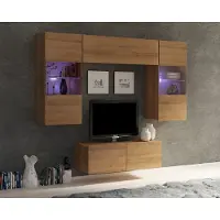 Ravio kompakte Wohnwand Amanda VI Oberschrank mit zwei Vitrinen und TV Schrank Wohnzimmer-Set (Goldene Eiche)