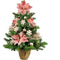 LAALU Künstlicher Weihnachtsbaum 60 cm mit LED-Beleuchtung, PRACHTFLOCKE, mit 25 Weihnachtsbaumschmuck, Pflanztopf mit Jutesack