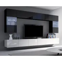 Ravio Wohnwand Amanda I Breite 300cm, Anbauwand vom Hersteller, Moderne Schrankwand, Mediawand (Schwarz + Schwarz Hochglanz / Weiß + Weiß Hochglanz)