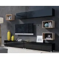 Ravio Wohnwand Amanda XVIII Schrankwand Komplett Wohnzimmer-Set TV Möbel Breite 300cm (Schwarz matt + Schwarz Hochglanz Fronten / Artisan Eiche)