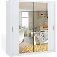 Ravio Schiebetürenschrank Zenit 200 cm, Schlafzimmerschrank, Schwebetürenschrank, Schrank (Farbe: Weiß, mit Spiegel)