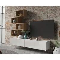 Ravio Wohnwand Amanda XVII Wohnzimmer-Set mit Bücherregale Anbauwand TV Möbel (Weiß matt + Weiß Hochglanz Fronten / Goldene Eiche)