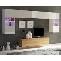 Ravio Wohnwand Amanda II Oberschrank Schrankwand mit zwei Vitrinen 150 cm breite TV Schrank Wohnzimmer-Set (Weiß matt + Weiß Hochglanz Fronten / Goldene Eiche)