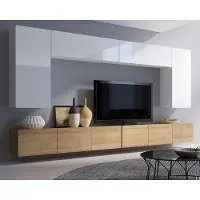 Ravio Wohnwand Amanda VII, Wohnzimmer-Set, Anbauwand, Schrankwand, Mediawand 300cm Breite (Weiß + Weiß Hochglanz / Eiche Gold)