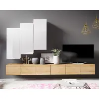 Ravio Wohnwand Amanda XI Breite 300cm Anbauwand Moderne Schrankwand TV-Schrank (Weiß matt + Weiß Hochglanz Fronten / Goldene Eiche)