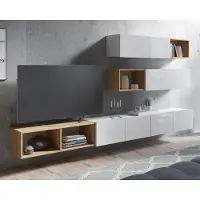 Ravio Wohnwand Amanda XIV Wohnzimmer-Set Breite 300cm Anbauwand TV-Schrank Moderne Schrankwand (Weiß matt + Weiß Hochglanz Fronten / Goldene Eiche)
