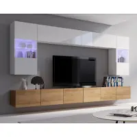 Ravio Wohnwand Amanda I Breite 300cm, Anbauwand vom Hersteller, Moderne Schrankwand, Mediawand (Weiß + Weiß Hochglanz / Eiche Gold)