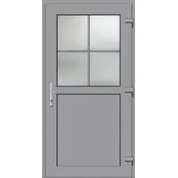 Haustuerenland.de Kunststoff Nebeneingangstür nach Maß "PAULA-O" 74 mm 1/2 Glas 4 Sprossenfelder Silbergrau RAL 7001 außen öffnend DIN rechts