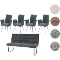 Mendler Esszimmer-Set HWC-G55, 4er-Set Stuhl mit Armlehne+Sitzbank 180cm, Edelstahl gebürstet Stoff/Textil Chenille blau-grün