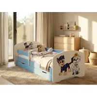 Happy Babies Kinderbett mit Rausfallschutz Junge 140x70 Bett für Kinderzimmer mit Schublade Matratze Einzelbett für Kinder Blau Hundemotiv