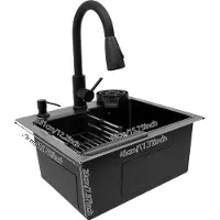 OEM Küchenspüle, Ausziehbarer Wasserhahn, Becherreiniger, schwarz