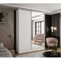 Caspian24 Moderner 2-türiger Kleiderschrank mit Schiebetüren in Weiß 180x58x250 cm – mit Spiegel – für Schlafzimmer, Flur und Ankleidezimmer