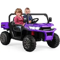 Costway 2 Sitzer Elektroauto mit Schaukelmodus & automatische Ladefläche, 12V Kinder Muldenkipper mit Musik, Hupen und Scheinwerfer, 3-8 km/h, inkl. Schaufel und 2,4GHz Fernbedienung (Lila)