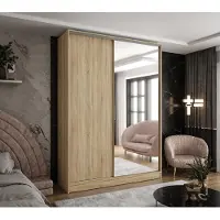 Caspian24 Moderner 2-türiger Kleiderschrank mit Schiebetüren in Sonoma Eiche 110x58x250 cm – mit Spiegel und 4 Schubladen – für Schlafzimmer, Flur und Ankleidez