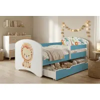 Happy Babies Kinderbett mit Rausfallschutz Junge 140x70 Bett für Kinderzimmer mit Schublade Matratze Einzelbett für Kinder, Blau, Bunte Aufkleber