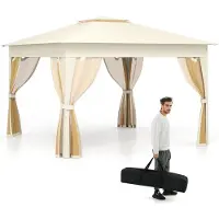 Costway 3,3x3,3m Pavillon, Pop Up Faltpavillon mit 4 Moskitonetz, Doppeldach & Tragetasche, Gartenpavillon Partyzelt wasserdicht stabil Beige