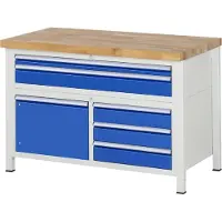 RAU Werkbank Serie 8922, 5 Schubladen, 2 Fachböden mit Tür, höhenverstellbar, B 1250 x T 700 x H