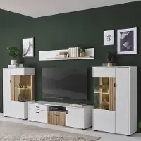 Lomadox TV-Wand mit Vitrinenschränken inkl. Beleuchtung weiß matt Eiche gerillt HUNTER-61, 4-teilig