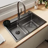 Sonni Breite Seite quadratisches Spülbecken 70 x 48 x 24 cm, Schwarz, mit dreieckigem Sieb , Abtropfbecken