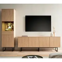 Lomadox Wohnwand in Eiche mit 200 cm Lowboard & Vitrinenschrank inkl. Beleuchtung, Metallgestelle, 2-teilig - KASOL-61