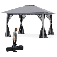 Costway Pavillon 4x4m, Pop Up Faltpavillon mit 4 Moskitonetz, Doppeldach & Tragetasche, Gartenpavillon Partyzelt wasserdicht stabil winterfest Grau