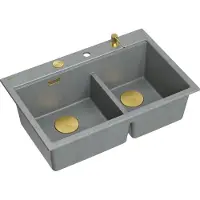 Quadron Spülbecken 2-Becken Spüle | Größe: 76 x 50 x 23.5 cm | MARC 120 | Granitspüle aus GraniteQ mit Siphon + Spender + Platte | Silber + Gold