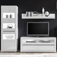 Lomadox Wohnwand in Hochglanz weiß COGO-61 TV-Lösung mit Griffmulden in Betonoptik inkl. LED Beleuchtung BxHxT: 231x198x42cm