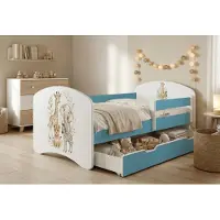 Happy Babies Kinderbett mit Rausfallschutz Junge 140x70 Bett für Kinderzimmer mit Schublade Matratze Einzelbett für Kinder, Blau, Bunte Aufkleber