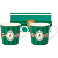 Pip studio Tasse Home Mugs Small Love Birds Medallion Streifen Emerald-Green (2er Set)