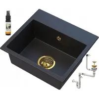 Granitan - Granitspüle - Spülbecken 45x42 cm - Küchenspüle Schwarz - mit Siphon Gold - MINI