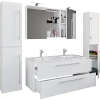 VCM 5-tlg. Doppel Waschplatz | 2x Waschtisch | Badmöbel Set mit Unterschrank, Waschbecken, 2x Hochschrank und Spiegelschrank | Doppelwaschbecken | Komplettset Budasi SC