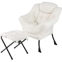 Costway Sessel mit Hocker, Relaxsessel mit Armlehnen, Seitentasche & Fußstütze, Loungesessel, Fernsehsessel, gepolsterter Ohrensessel, Plüsch Beige