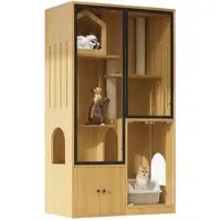 OKWISH Katzenhaus 90x50x160 cm aus MDF und Glas, Kletter- und Kratzbereich, Panoramatür, Regale, Rückzugsort Ahornholzfarbe