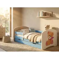 Happy Babies Kinderbett mit Rausfallschutz Junge 140x70 Bett für Kinderzimmer mit Schublade Matratze Einzelbett für Kinder Blau, Bär