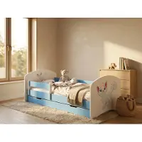 Happy Babies Kinderbett mit Rausfallschutz Junge 140x70 Bett für Kinderzimmer mit Schublade Matratze Einzelbett für Kinder Blau, Kätzchen