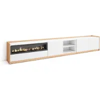 Skraut Home TV-Schrank, Lowboard, 310x37x50cm, Für TV-Geräte bis zu 80", Elektrokamin., Weiß und Eiche Soft
