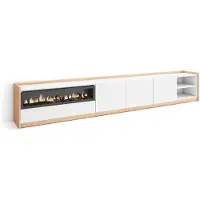 Skraut Home TV-Schrank, Lowboard, 310x37x50cm, Für TV-Geräte bis zu 80", Elektrokamin., Weiß und Eiche Soft