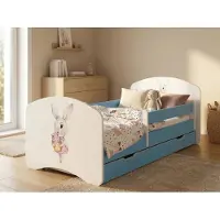 Happy Babies Kinderbett 140x70 cm Blau mit Matratze & Schublade | Komplettset inkl. Rausfallschutz | Stabiles Bett für das Kinderzimmer, Hase