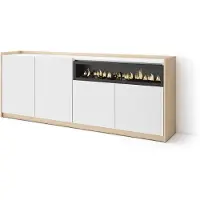 Skraut Home Sideboard, Highboard, 207x37x80cm, 4 Türen, Elektrokamin., Weiß und Eiche Soft