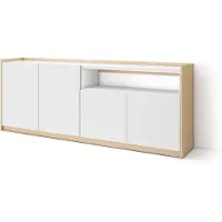 Skraut Home Sideboard, Highboard, 207x37x80cm, 4 Türen, Wohnzimmer, Küche, Weiß und Eiche Soft