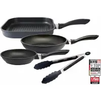 Elo Pfannen-Set "Alucast 4 teilig" Aluminiumguss Set, je 1 Bratpfanne Ø 20/24, 1 Grillpfanne Ø 28 cm, 1 Servierzange, 4 Stk. tlg. Induktion, inkl. 1 Kochzange