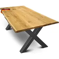 DELUKE Massivholz Wohnzimmertisch mit Baumkante RAGNAR - 280x100cm, Eichenholz, X-Hora Gestell | Esstisch Holz Küchentisch Esszimmertisch