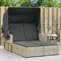 vidaXL Gartenliegen - Doppel-Sonnenliege mit Dach und Auflagen Hellgrau Poly Rattan Möbel21