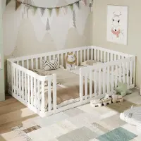 MODFU Kinderbett Holzbett 90x200 mit Sicherheitsgeländer Einzelbett Bettgestell halbgeschlossen ohne Matratze Weiß