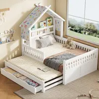 OKWISH Kinderbett 140x200 Doppelbett mit Ausziehbett Funktionsbett mit Schubladen und Sicherheitsgittern Holzbett hausförmig Weiß (ohne Matratze)