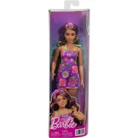 Barbie Fashionistas -Puppe Nr. 244 in einem Neckholder-Kleid mit Blumenmuster, mit braunem Haar mit violetten Strähnchen, Modepuppe, Weiblich, 3 Jahr(e), Mädchen, 298 mm, Mehrfarbig